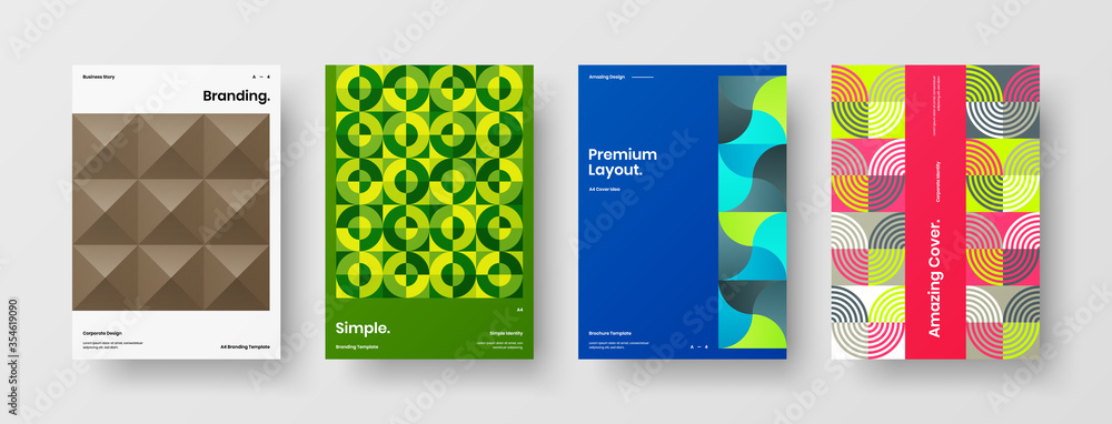 Fototapeta premium Company identity brochure template collection. Business presentation vector A4 vertical orientation front page mock up set. Corporate report cover abstract geometric illustration design layout bundle.