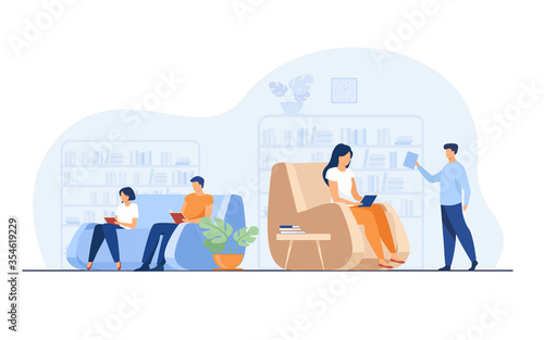 Students studying and reading in library. People sitting on sofa at bookcases and bookshelves flat vector illustration. Education concept for banner, website design or landing web page