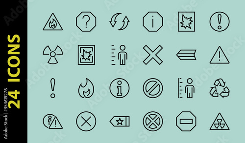 A simple set of WARNINGS, thin vector lines. Contains ICONS such as a warning, exclamation mark, reuse, warning sign, and more. Editable stroke. 48x48 Pixel Perfect. Vector illustration