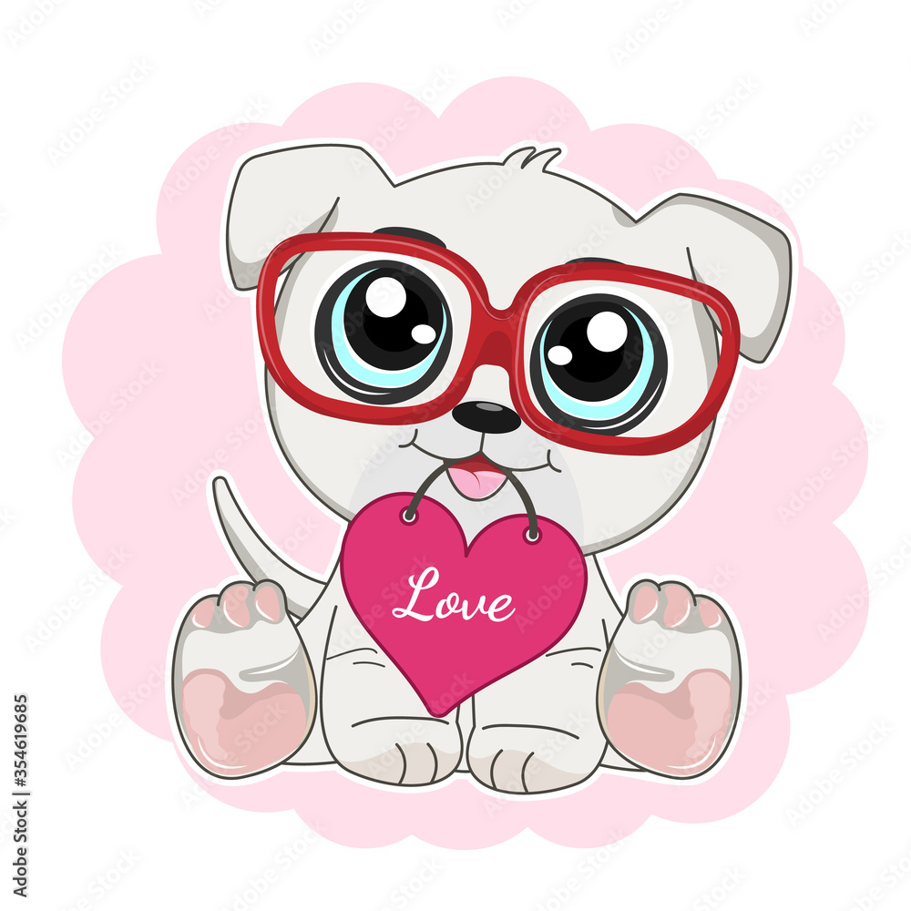 Cute funny cartoon cat in glasses smiling holding a red heart.