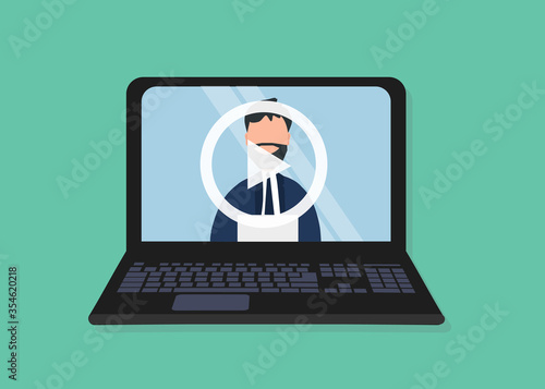 Laptop with journalist reading latest news on screen, turquoise background. Vector illustration in flat style