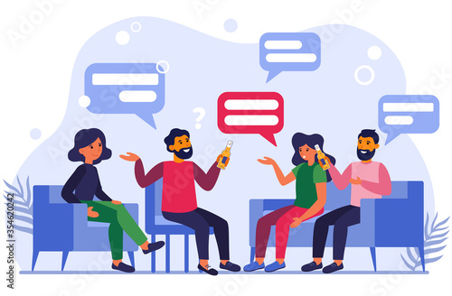 Male and female friends talking and drinking beer. People sitting at party and having conversation flat vector illustration. Friends meeting concept for banner, website design or landing web page
