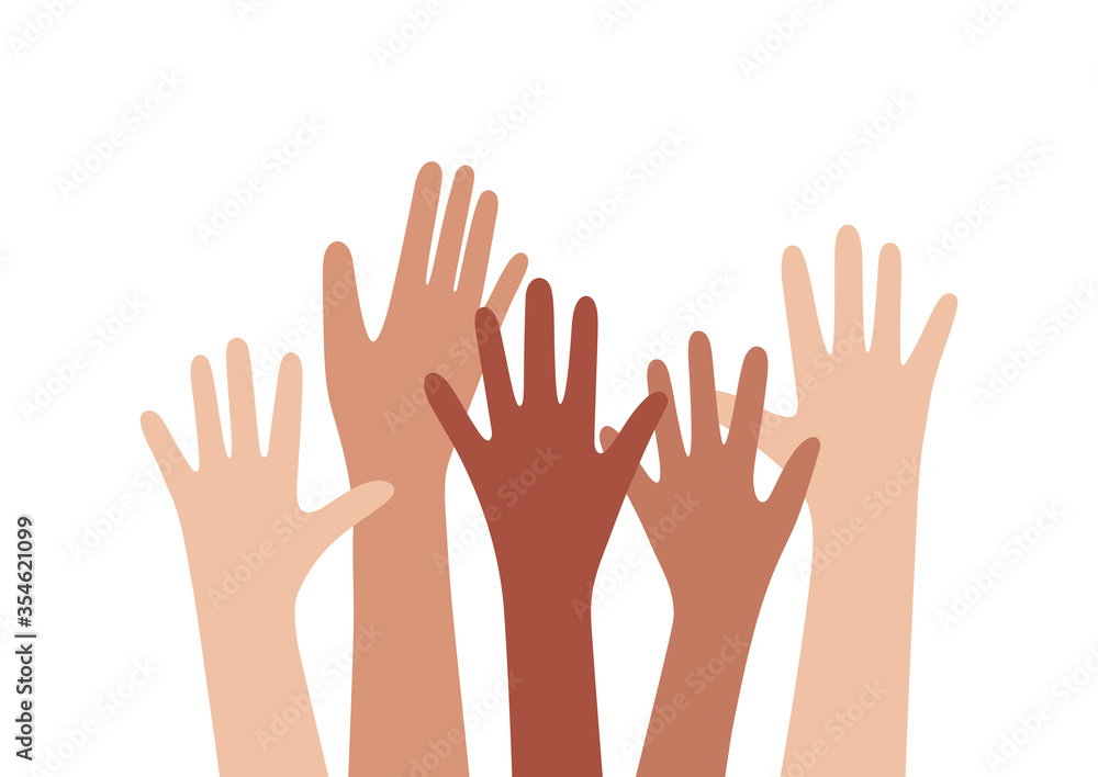 Hands up vector illustration with different skin colors. Raised hands vector concept. Volunteering charity, votes, hope, donation. Supporting hands illustration isolated on white background
