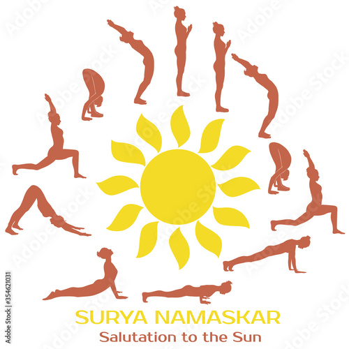 Salutation to the Sun yoga circle. Vector silhouettes of woman practicing yoga complex Surya Namaskar.