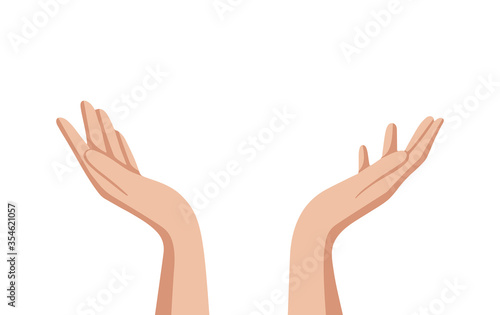 Hand drawn cupped hands illustration. Raised hands vector concept. Volunteering charity, votes, support, hope and peace. Vector human open hands isolated on white background