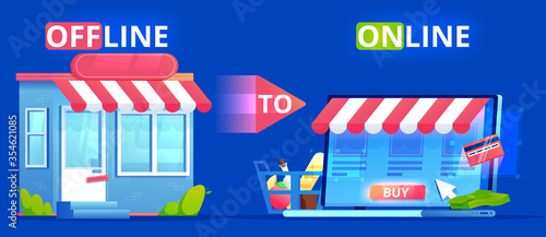 Offline to Online. Commerce Definition banner. Shop on site and shop in real life. Involve Seo Users. flat illustration.