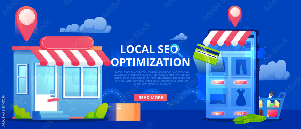 Local Search engine optimization for phone app, banner, Store with geo pin. Vector flat illustration.