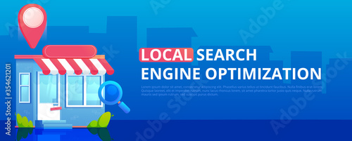 Local Search engine optimization banner, Store with geo pin. Vector flat illustration