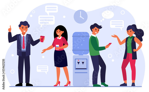 Colleagues meeting, business talk, communication concept. Office people gossiping at water cooler, drinking coffee, discussing work. Flat vector illustration