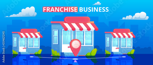 Franchise store vector illustration. Marketing network.Minimal flat banner with building and city on background