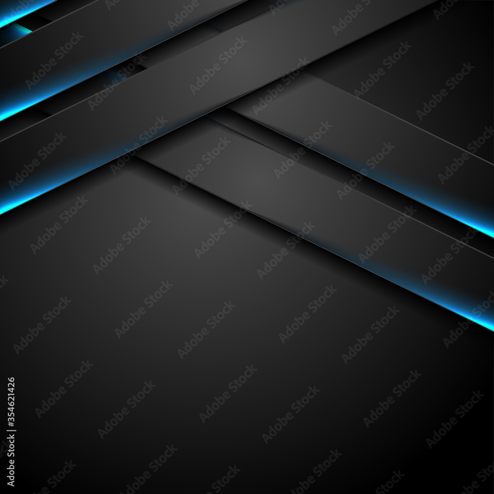 Abstract black stripes with blue neon glowing light. Vector technology design
