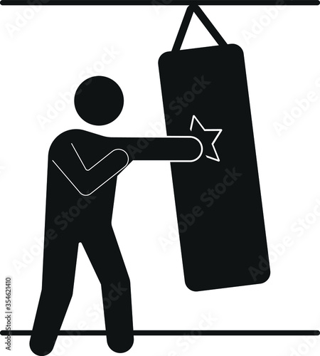  a full body view stick figure working out in the gym with a kickboxing exercise hitting a bag and working on his cover in a clean black stroke design as a eps vector file