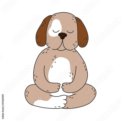 Brown dog sitting and meditating in lotus pose with eyes closed