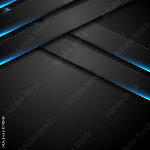 Abstract black stripes with blue neon glowing light. Vector technology design
