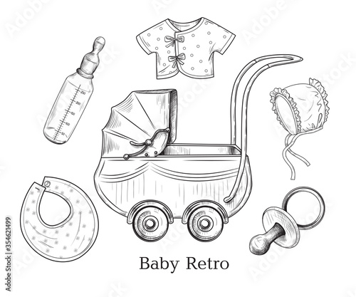 .Vintage baby accessories. Retro collection. Ink drawings of various objects on a white background. Engraved vector sketches.