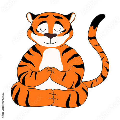 Fototapeta Naklejka Na Ścianę i Meble -  Big red striped tiger sitting and meditating in lotus pose with eyes closed
