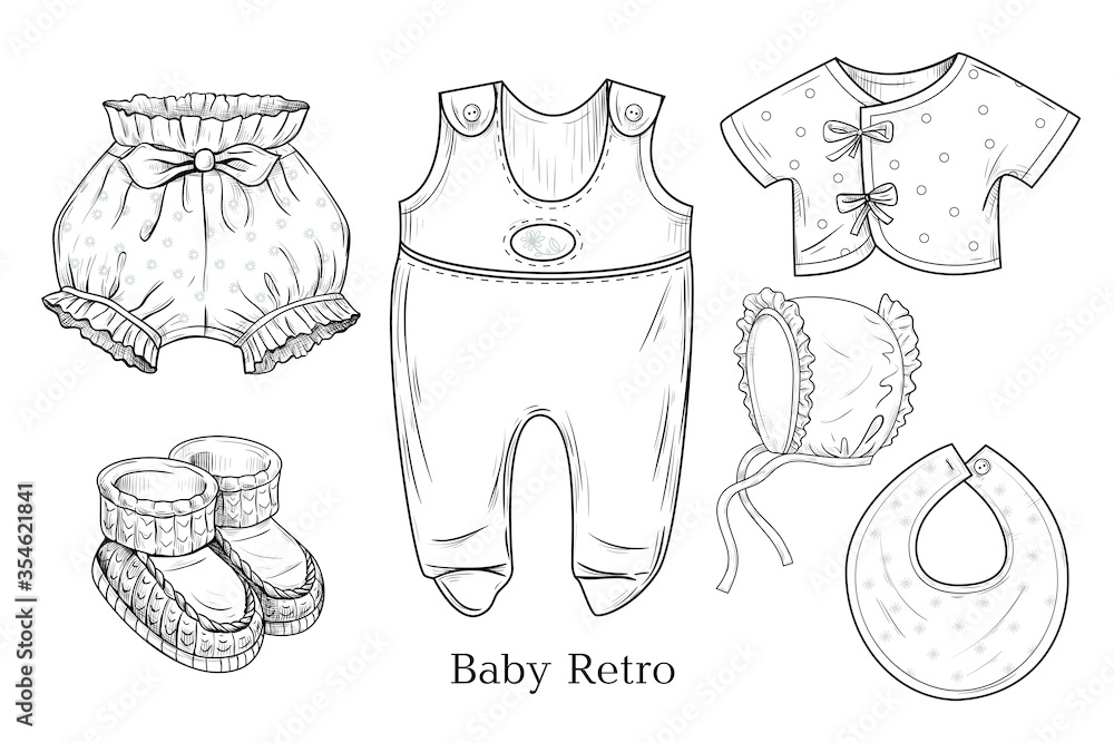 Vintage baby clothes. Engraved vector sketches. Ink drawing objects on a  white background. Retro. Stock Vector | Adobe Stock
