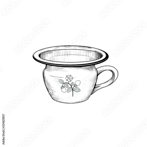 ..Vintage childish  chamber pot  with  handle.  Engraved vector sketch. Ink drawing object on a white background. Retro..
