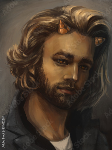 Digital painted illustration with handsome man with horns. Beautiful demon, devil.