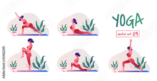 yoga girl at home. Female yoga exercises. Relaxation and meditation  Creative poster or banner design with illustration of woman doing yoga for Yoga Day Celebration.