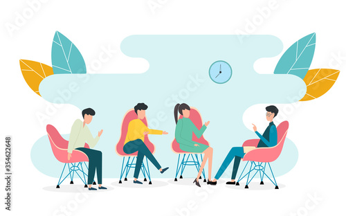Group of people participating in TV talk show on white background, vector illustration in flat style