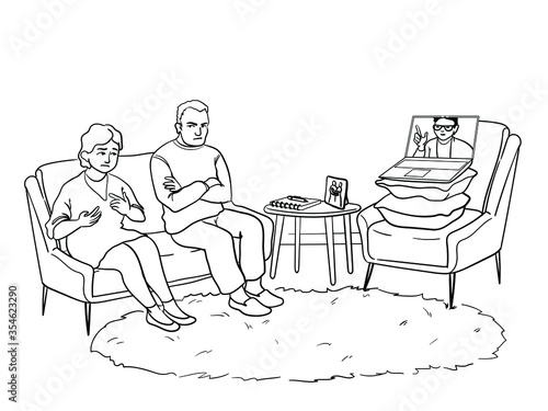 Remote session of professional mental help. Married couple sharing their feelings during counseling speech therapy video call with psychologist online. Marriage issues talked through with therapist