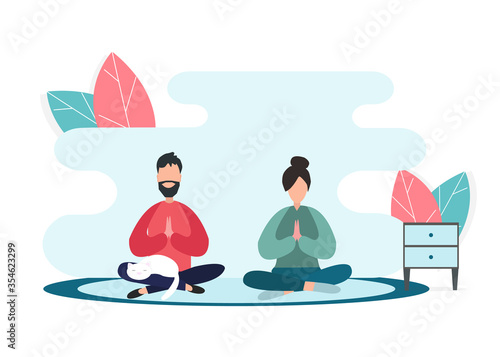 Man and woman doing yoga together at home, white background. Vector illustration in flat style