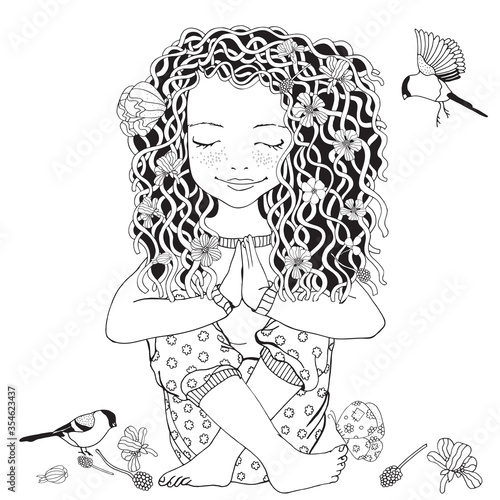 Cute girl in yoga pose. Adult coloring page. Birds and flowers. Black and white vector illustration.