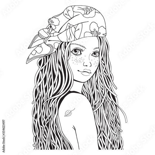 Young beautiful girl in bandana. Zentangle style. Black and white doodle coloring book page for adult and children.