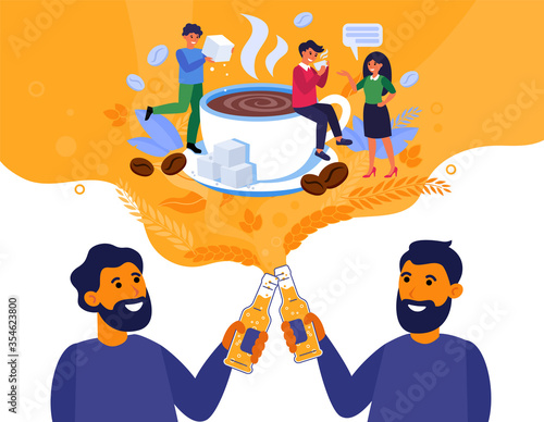 Male friends discussing colleagues and drinking beer. Bearded men with bottles talking about coffee break flat vector illustration. Male break concept for banner, website design or landing web page