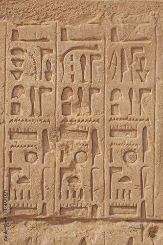 Hieroglyphic carvings on an ancient egyptian temple wall