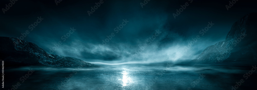 Fototapeta premium Modern futuristic fantasy night landscape with abstract islands and night sky with space galaxies. Multicolor neon glow. Reflection of light in water, stars. Empty scene, landscape.