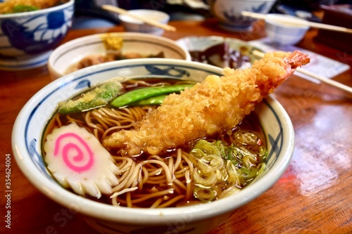 Photography Japanese soba noodle in Tokyo.
Tempura soba.