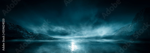 Modern futuristic fantasy night landscape with abstract islands and night sky with space galaxies. Multicolor neon glow. Reflection of light in water, stars. Empty scene, landscape.