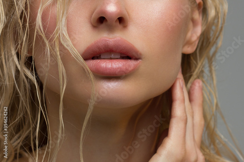 Perfect Lips. Sexy Girl Mouth close up. Beauty young woman Smile. Natural plump full Lip. Lips augmentation. Close up detail. Natural beauty