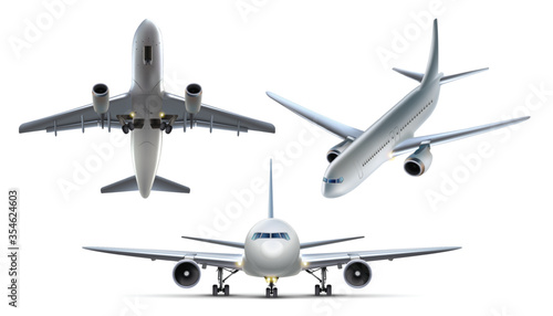 3d realistic vector collection of air plains. Isolated on white background, top view, side view and front view.