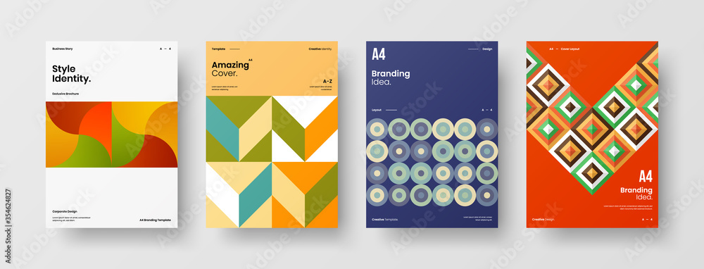 Fototapeta premium Company identity brochure template collection. Business presentation vector A4 vertical orientation front page mock up set. Corporate report cover abstract geometric illustration design layout bundle.