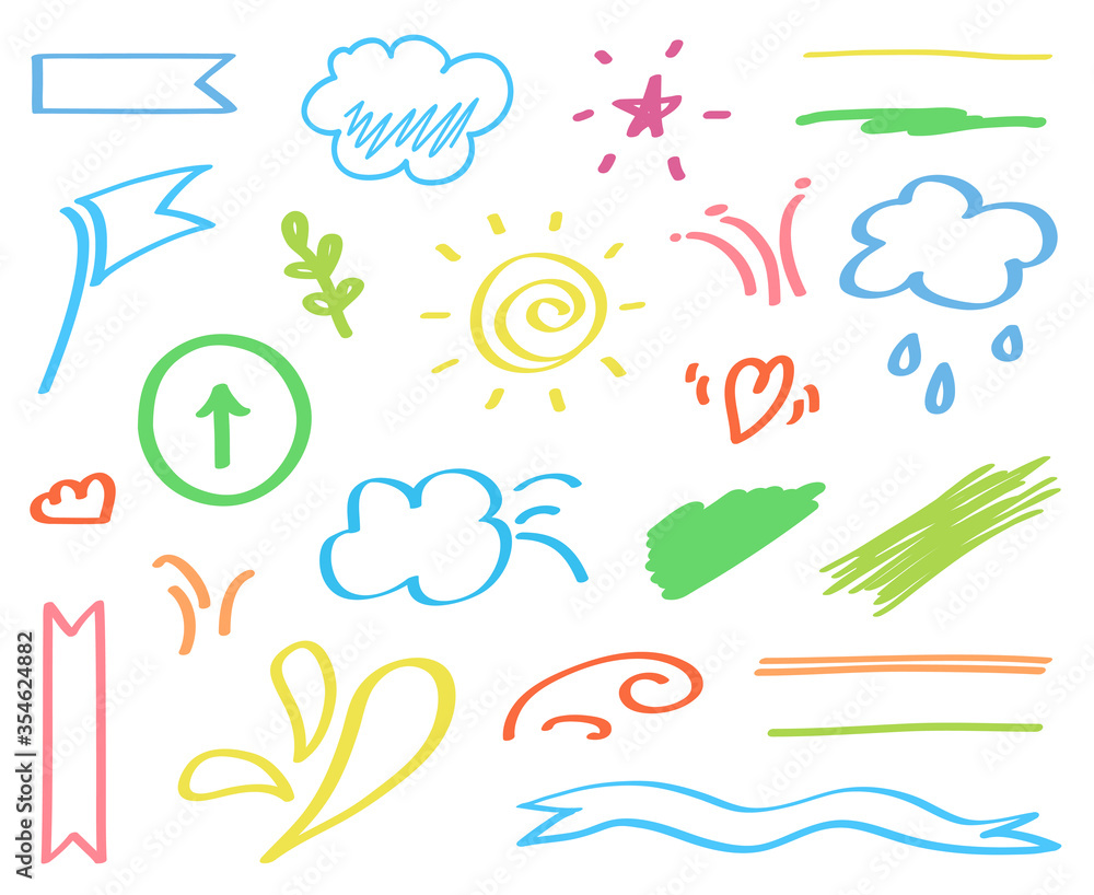 Hand drawn doodles. Colorful outlined elements on isolation background. Sketchy doodles on white Hand drawn doodles. Colorful outlined elements on isolation background. Sketchy doodles on white