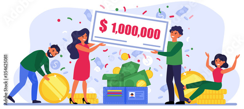 People winning million bill at lottery. Man and woman holding check among coins and banknotes flat vector illustration. Financial success concept for banner, website design or landing web page