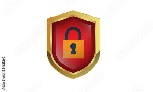 golden shield with lock icon.Vector illustration isolated on white background.