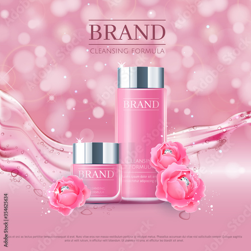 Pink background with realistic vector moisturizing cosmetic cleansing premium products. Premium VIP cosmetic ads, hydrating Rose Packaging Cream and Body Lotion with blue roses, diamonds and splash