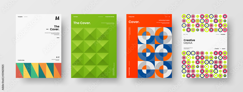 Fototapeta premium Company identity brochure template collection. Business presentation vector A4 vertical orientation front page mock up set. Corporate report cover abstract geometric illustration design layout bundle.