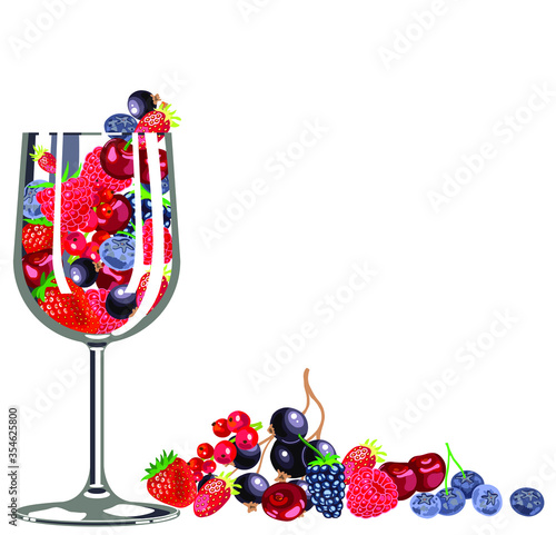 wine glass full of red and black ripe juicy berries and fruit with some berries beside on white background - blueberry, cherry, strawberry, blackberry, red currant - flat vector illustration