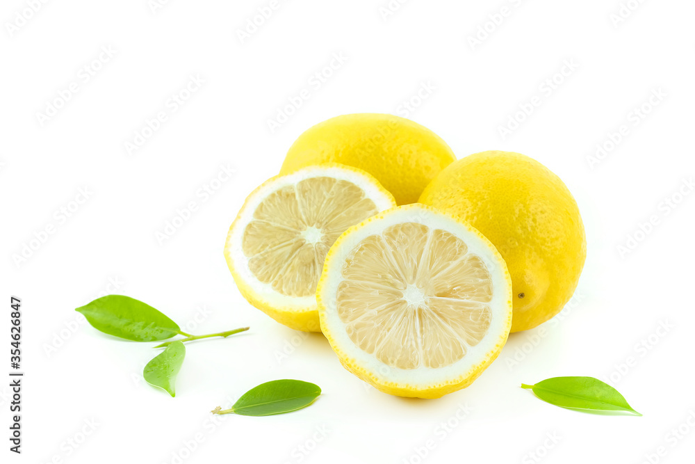 Yellow Lemon citrus half slices with leaf isolated on white background Yellow Lemon citrus half slices with leaf isolated on white background