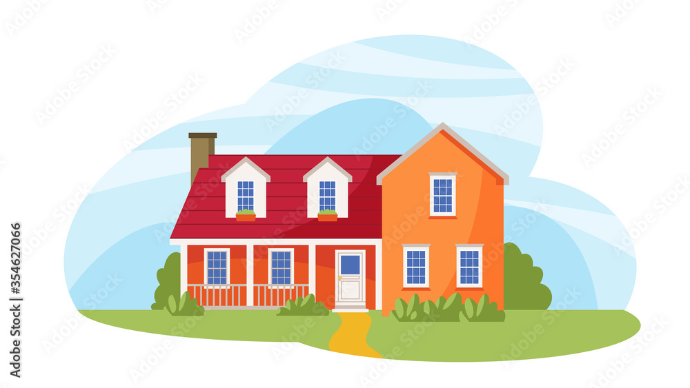 Suburban house. Modern cozy cottage family house. Real Estate concept. American or Sweden townhouse. Flat vector illustration.