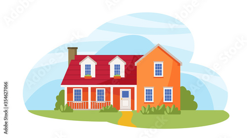 Suburban house. Modern cozy cottage family house. Real Estate concept. American or Sweden townhouse. Flat vector illustration.