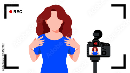 Video blogger making video for blog or vlog review. Cute girl video blogger and camera. Vector flat illustration.
