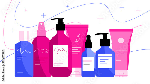 Gentle cosmetic bottles: cream, lotion, tonic, micellar water, oil, face cream, hand cream. Illustration of skin care products in modern flat style