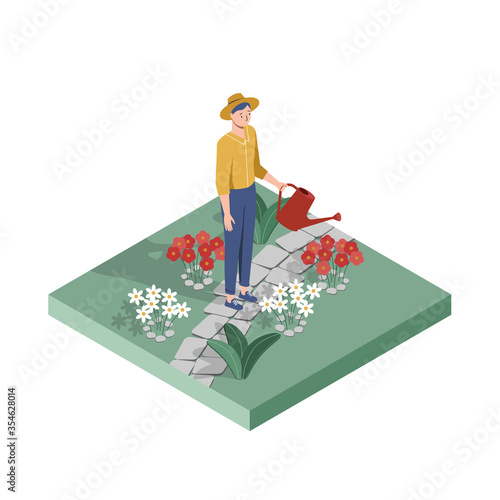 A young man watering flowers in the home garden. Vector isometric design. Isolated illustration on the white background.