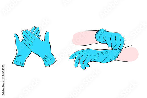 medical protective gloves isolated on a white background.Latex surgical gloves. Hand-drawn vector illustration in the Doodle style.